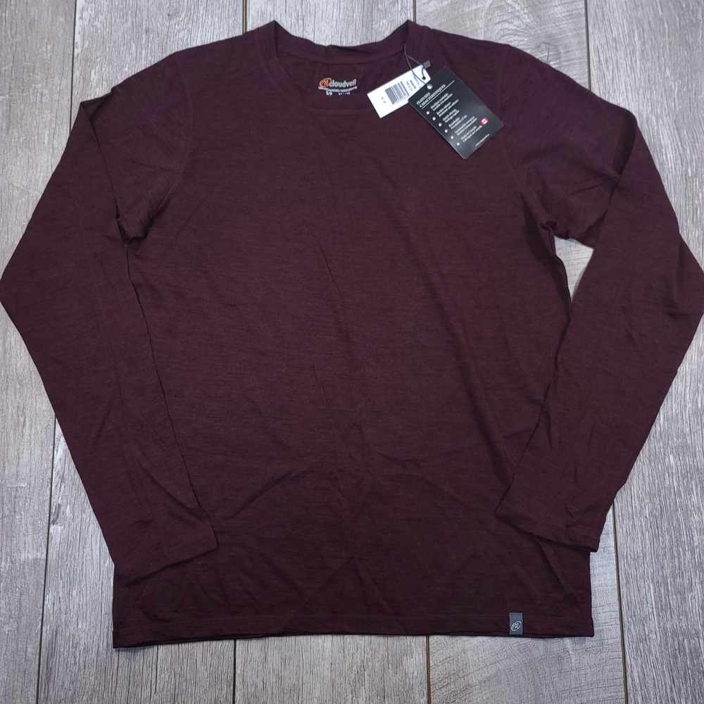 Cloudveil Long Sleeve Shirt Mens S Maroon 100% Merino Wool Base Layer Top